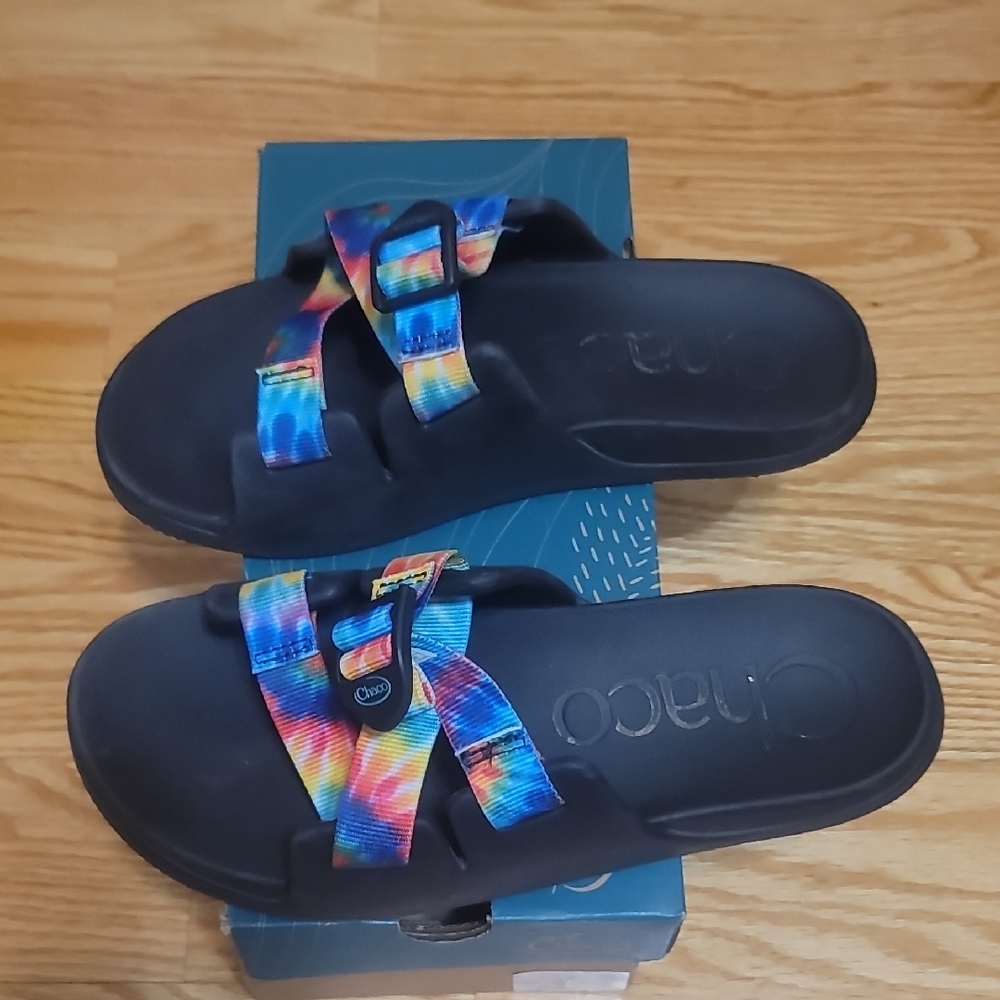 Kids Chaco Sandals with Black Soles and tie dye Straps